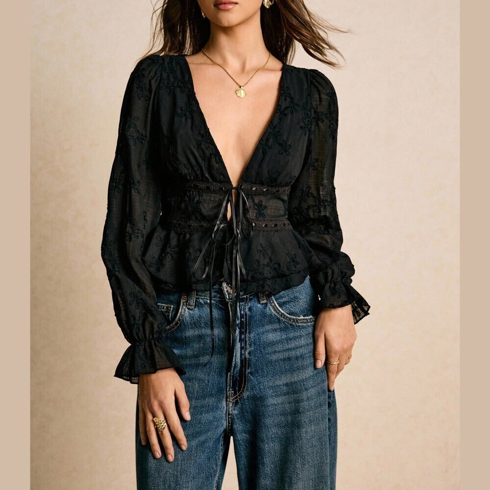 Black Embroidered Semi-sheer Deep V Neck Tie Front Peplum Blouse